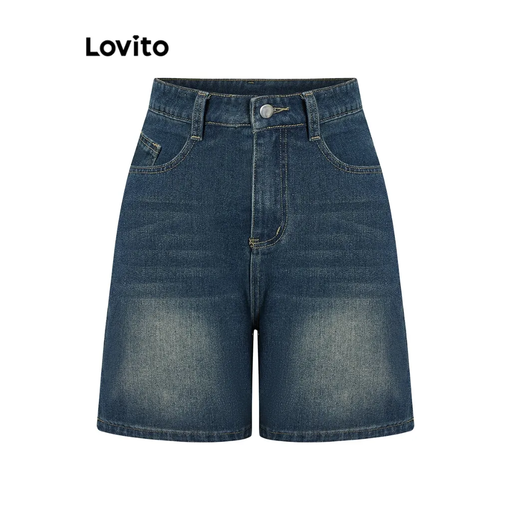 Ảnh Quần short nữ jean cạp cao denim Lovito có túi màu trơn thường ngày cho nữ LNA19020 (Nhiều màu) 4