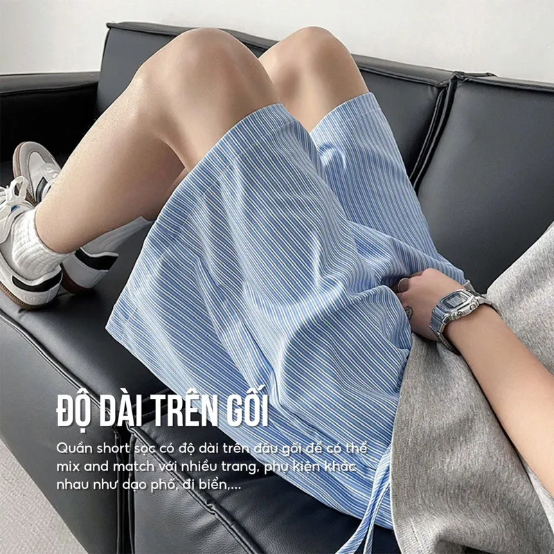 Ảnh Quần Short Đùi Kẻ Sọc Chất Liệu Vải Oxford ELNIDO Form Unisex Trên Gối ELND01 2