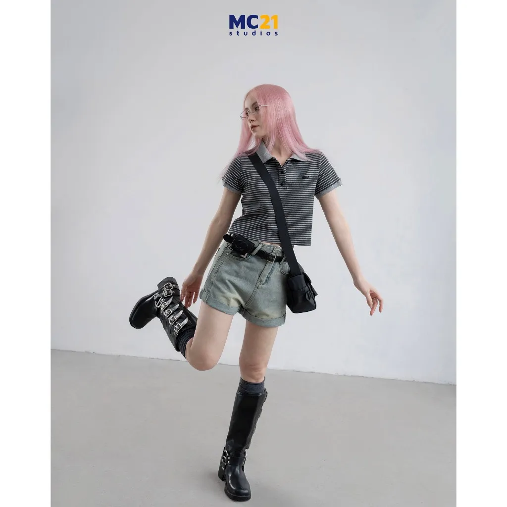 Ảnh Quần sooc jeans nữ MC21.STUDIOS gập gấu dáng vừa Ulzzang Streetwear Hàn Quốc chất denim bò Q4113 2