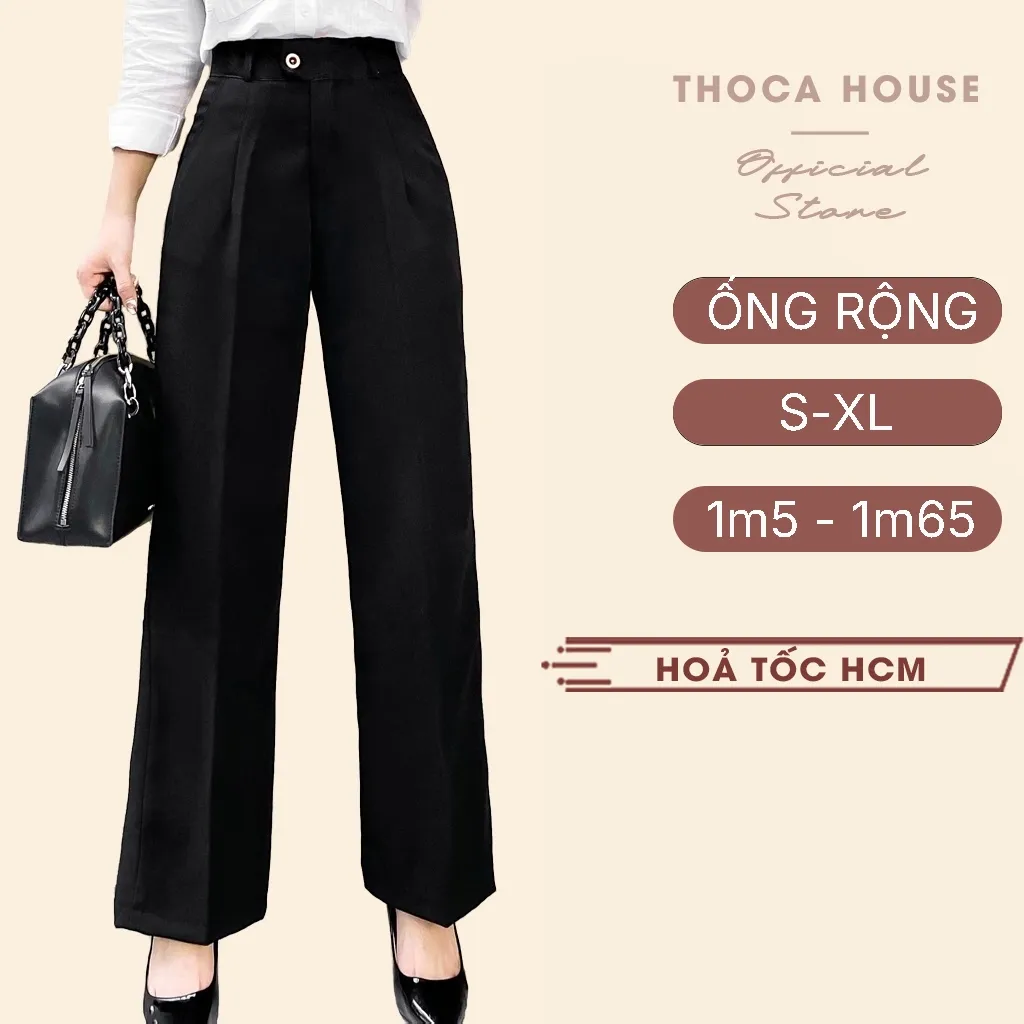 Ảnh Quần tây công sở ống rộng dáng suông lưng cao khuy cài THOCA HOUSE dễ phối tôn dáng và chân dài 1