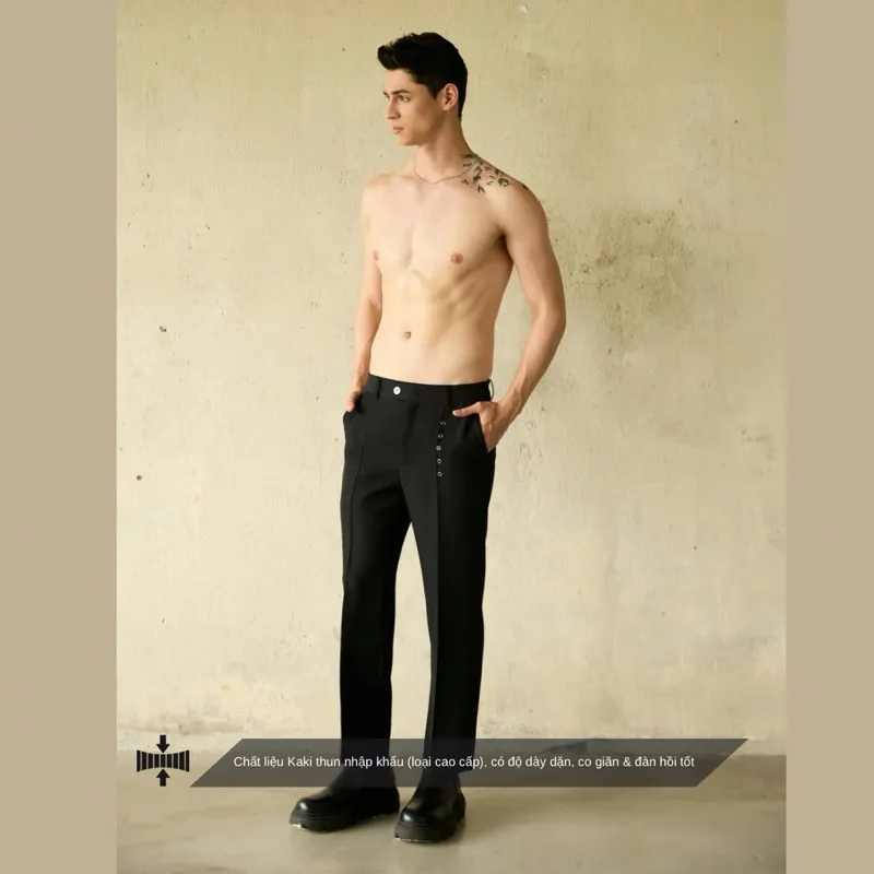 Ảnh Quần tây nam màu đen phối khoen cá tính SIMTU, chất liệu Kaki Thun cao cấp có độ bền cao, co giãn 2 chiều 4