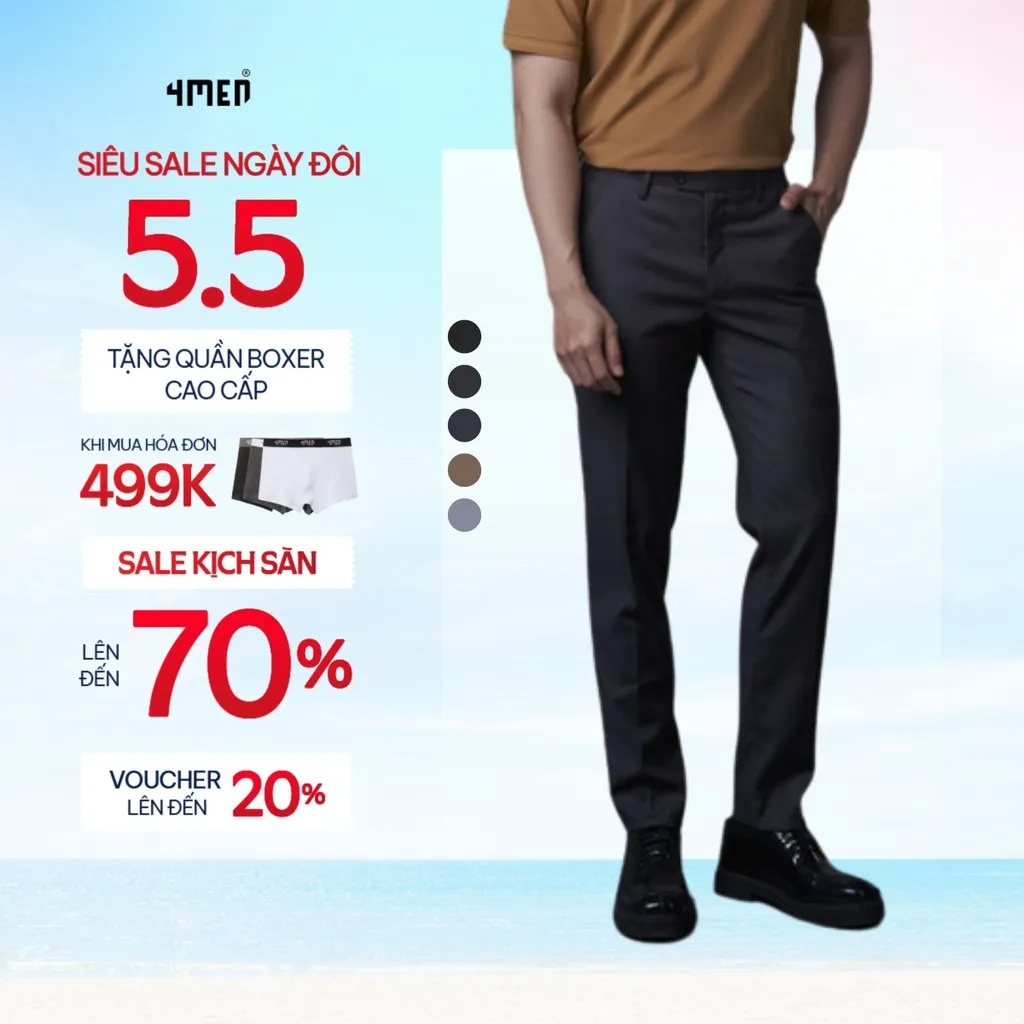 Ảnh Quần tây nam trơn 4MEN QT031 form slimfit tôn dáng, vải rayon cao cấp hạn chế nhăn, mềm mịn, co giãn 1
