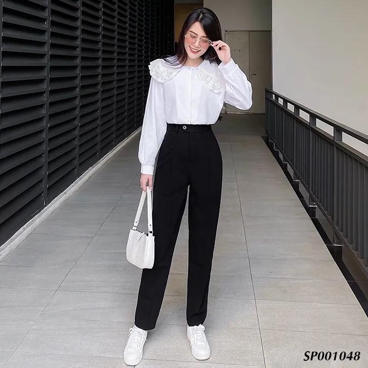 Ảnh Quần tây nữ baggy công sở đi làm, đi học đen, xanh đen có đai lưng THOCA HOUSE quần baggy lưng cao 2