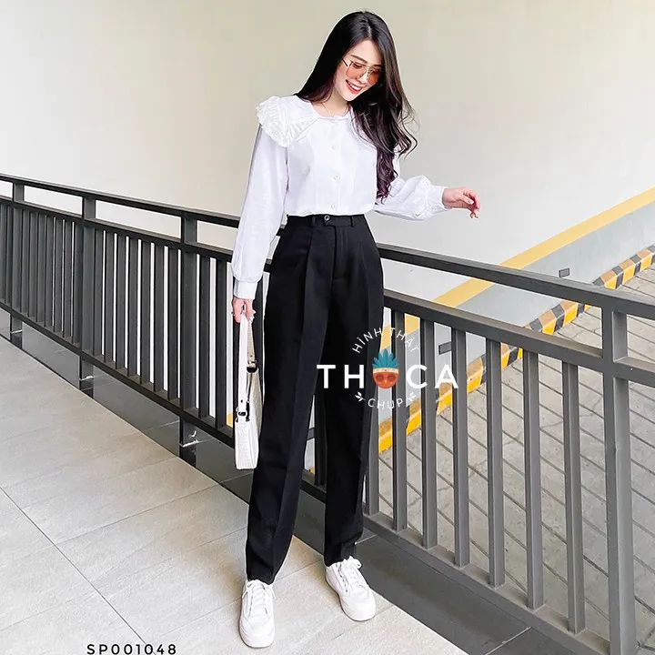 Ảnh Quần tây nữ baggy công sở đi làm, đi học đen, xanh đen có đai lưng THOCA HOUSE quần baggy lưng cao 3