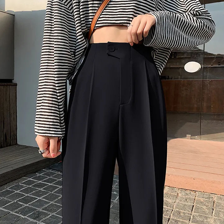 Ảnh Quần tây nữ baggy công sở lưng thun nút lệch THOCA HOUSE trơn đen, quần baggy nữ chuẩn form tôn chân 2