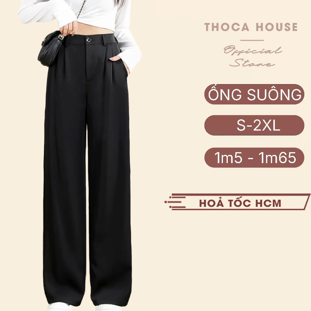 Ảnh Quần tây nữ ống suông lưng thun sau trơn đen THOCA HOUSE quần ống rộng tôn dáng thoải mái công sở 1