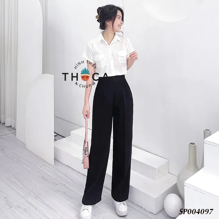 Ảnh Quần tây ống rộng lưng cao dây kéo bên THOCA HOUSE basic hack chân dài mặc công sở đi học đi chơi 3