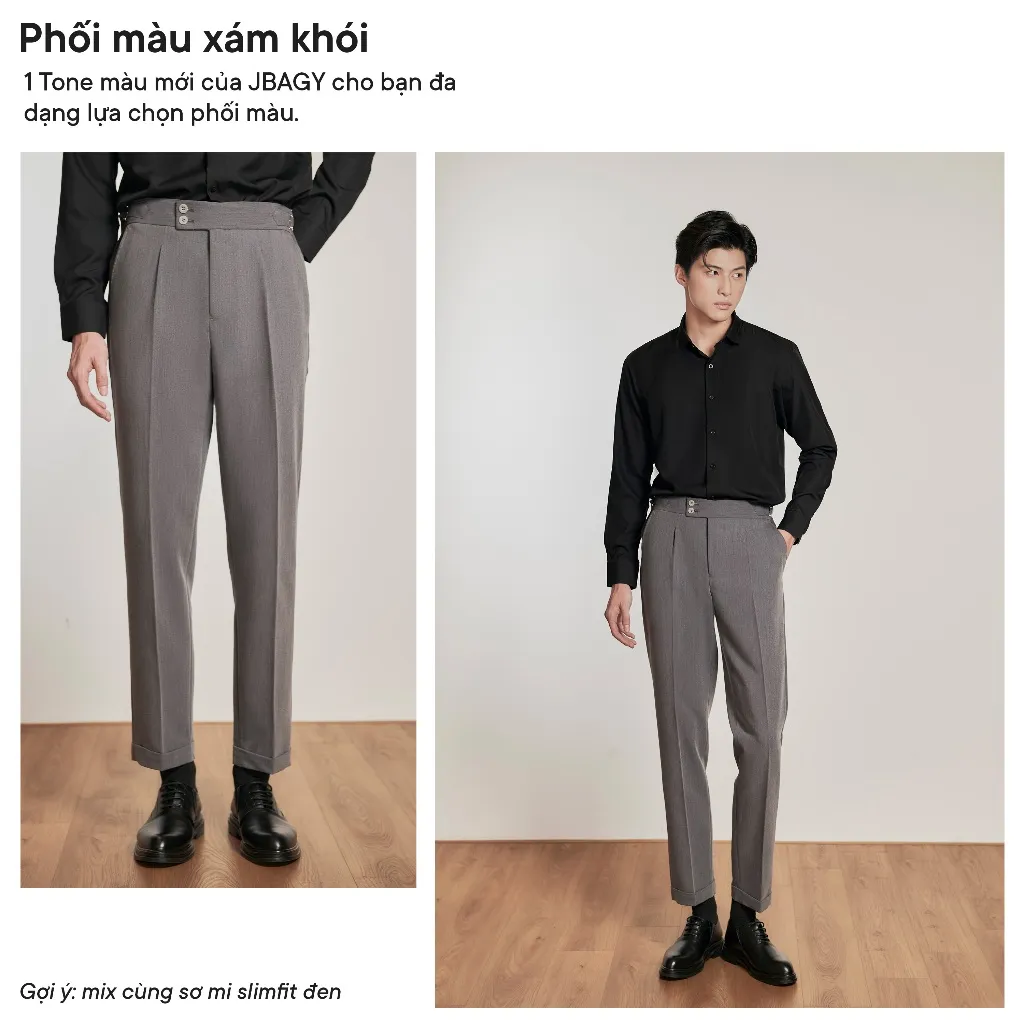 Ảnh Quần Tây Sidetab Cạp cao Xám khói, Nâu vải Tuypsi cao cấp thương hiệu JBAGY JA0302 3