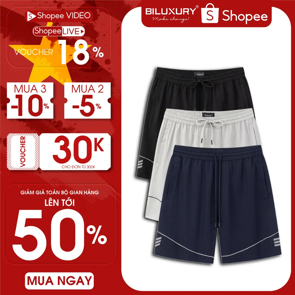 Ảnh Quần Đùi Short Nam Thêu Chữ Kí 9QDGT503 Biluxury Vải Gió Mỏng Mát Không Bai Gião Co Xù Có Túi Trước Sau 1