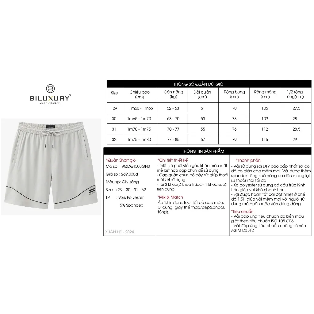 Ảnh Quần Đùi Short Nam Thêu Chữ Kí 9QDGT503 Biluxury Vải Gió Mỏng Mát Không Bai Gião Co Xù Có Túi Trước Sau 2