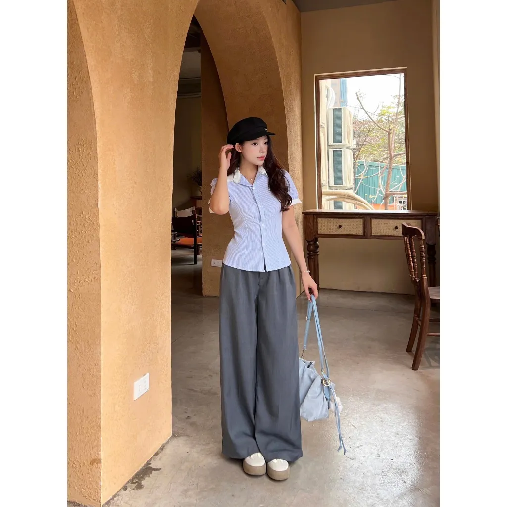 Ảnh Quần vải dáng suông ống rộng nữ, chất xước Hàn cao cấp, đứng form basic, đi học, đi làm, đi chơi LWNQD001 4