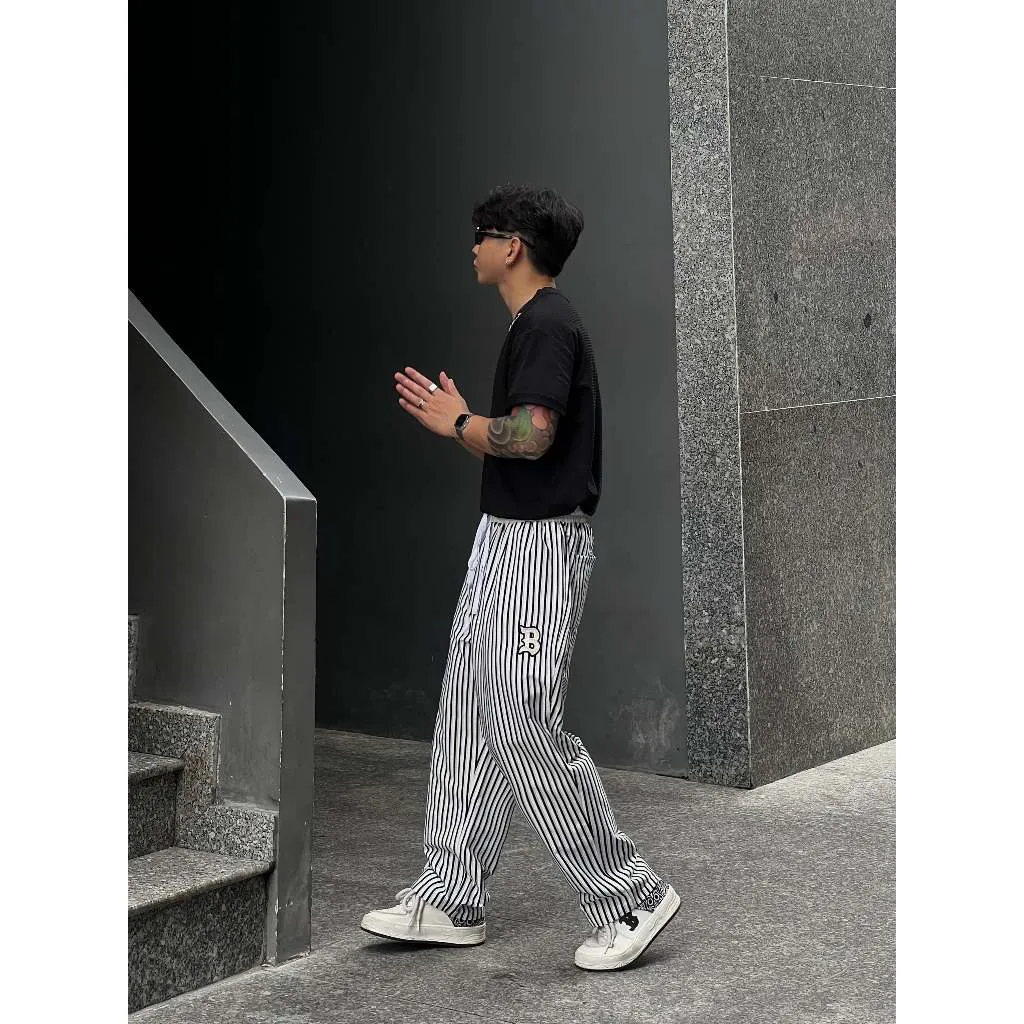 Ảnh Quần vải thô kẻ sọc Wide Leg The Bad God Palazzo Dáng Rộng 2