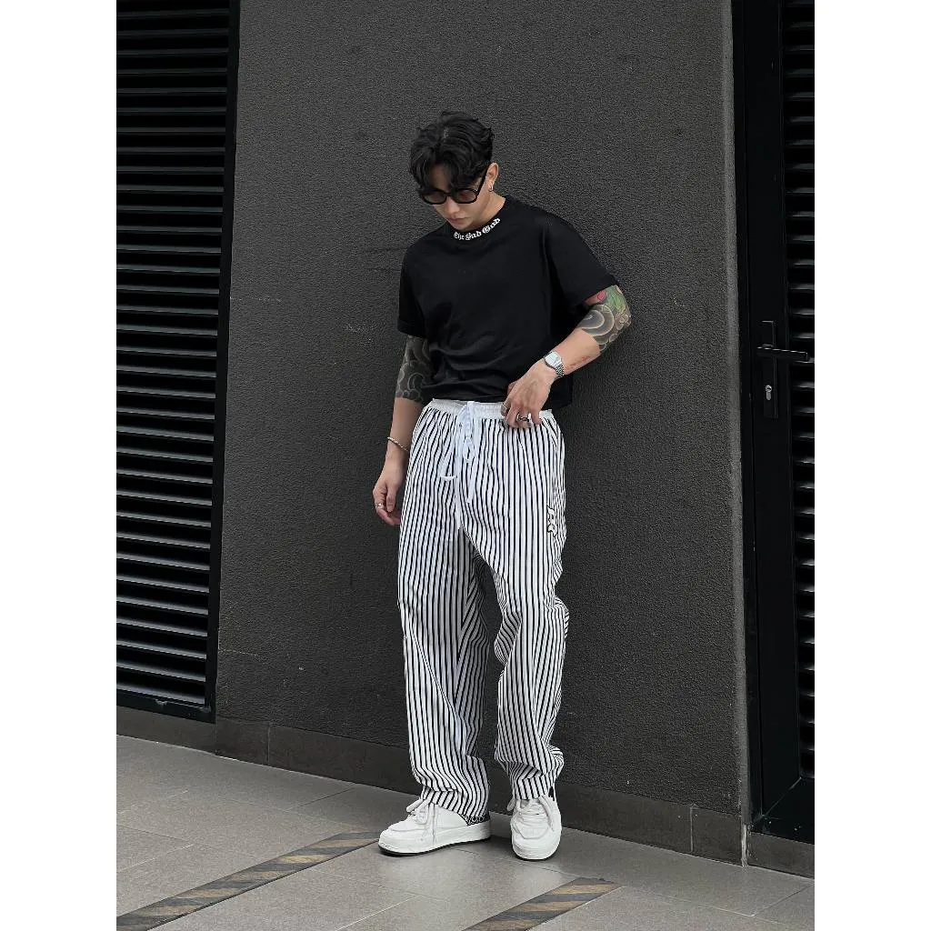 Ảnh Quần vải thô kẻ sọc Wide Leg The Bad God Palazzo Dáng Rộng 3