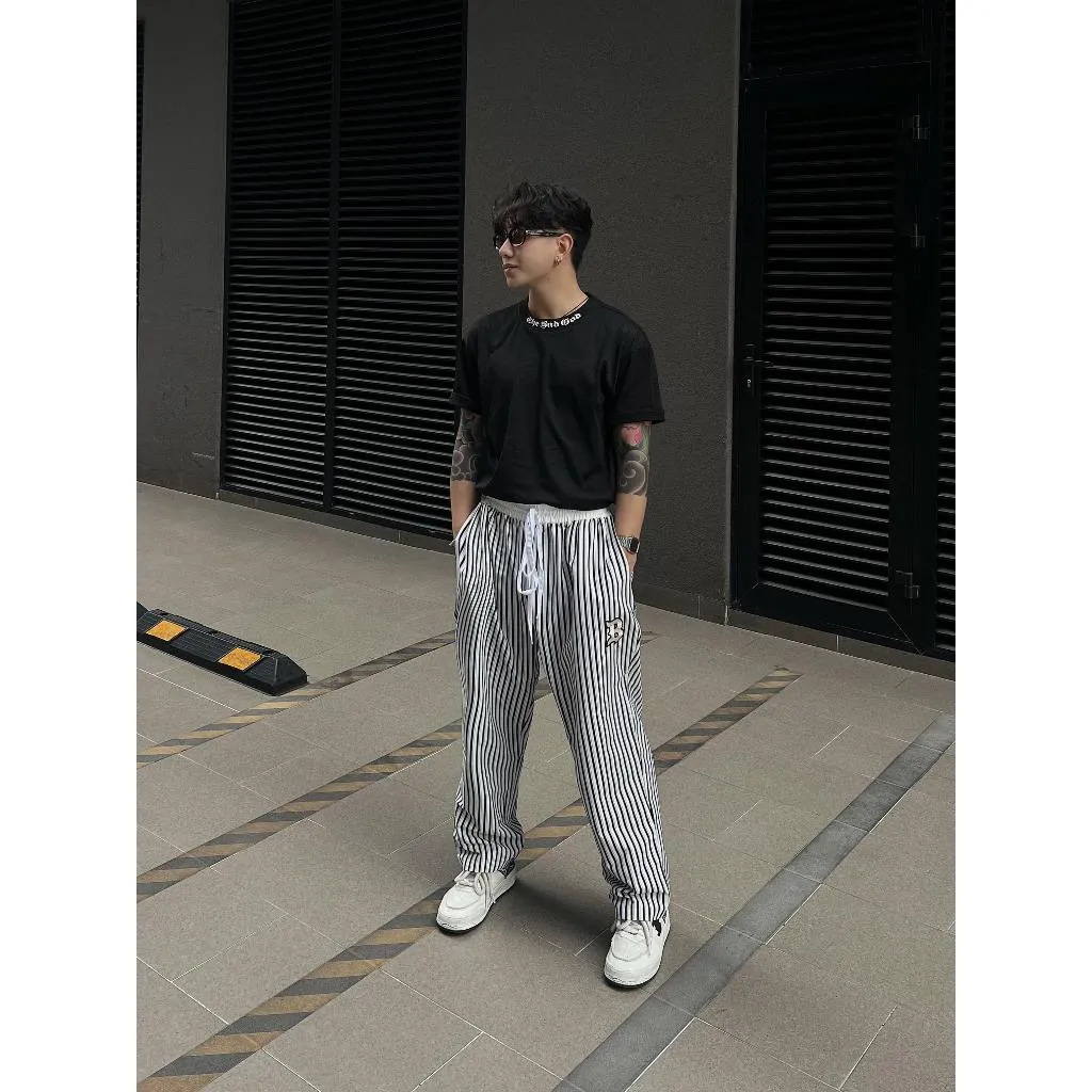 Ảnh Quần vải thô kẻ sọc Wide Leg The Bad God Palazzo Dáng Rộng 4