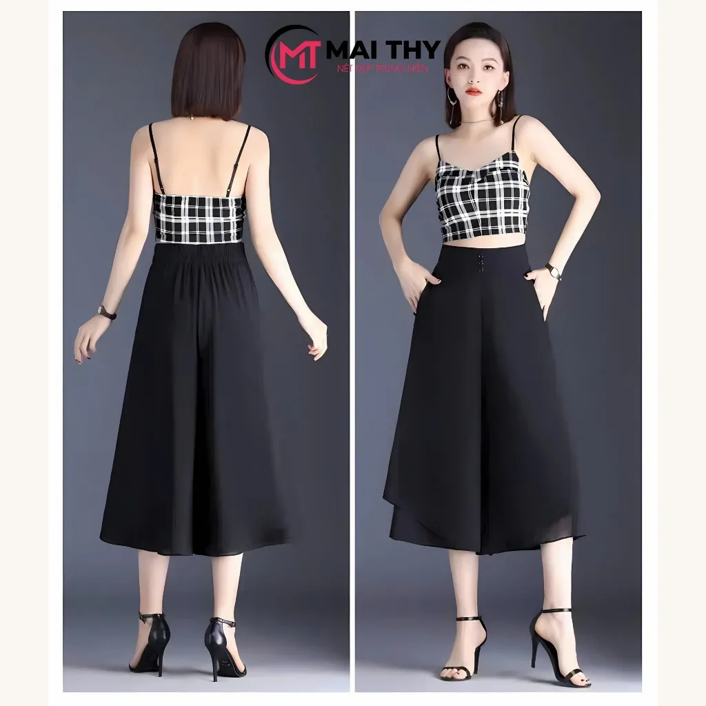Ảnh Quần Váy Ống Rộng MAI THY V301, Mẫu Quần 2 Tầng Lưng Thun Đính Nút Có Túi Xịn Sò | Thời Trang Nữ U40 3