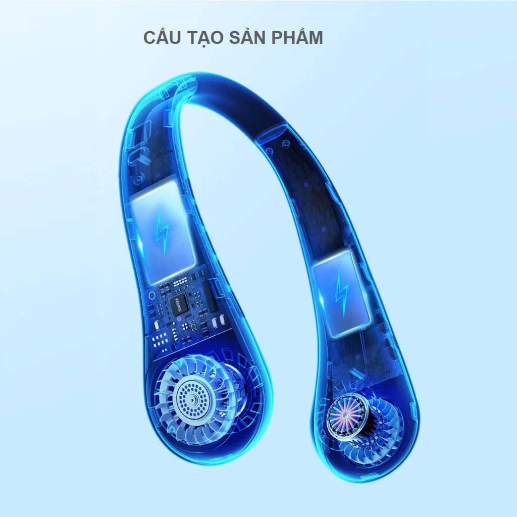 Ảnh Quạt đeo cổ tích điện siêu mát, quạt đeo cổ không cánh pin 2500mAH chạy cực êm và bền, ba cấp độ gió cổng sạc USB 4