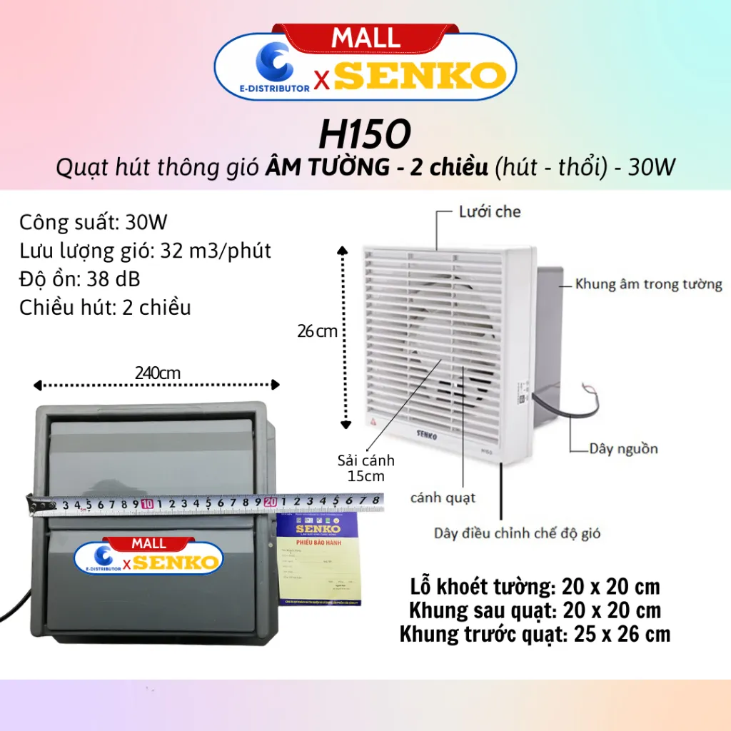 Ảnh Quạt hút thông gió âm tường SENKO H250/H200/H150/H100 - Hàng chính hãng - Bảo hành 24 tháng 3