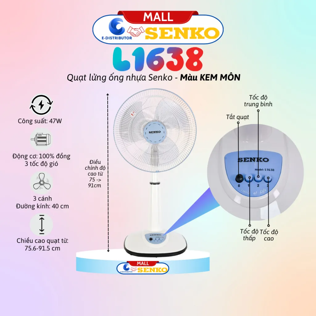 Ảnh Quạt lửng ống nhựa Senko L1638 - Công suất 47W - Màu tuỳ chọn - Hàng chính hãng - Bảo hành 24 tháng 1