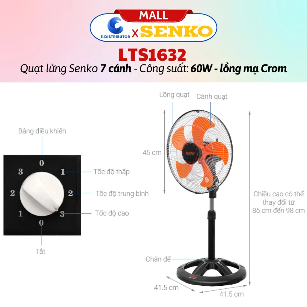 Ảnh Quạt lửng thân sắt Senko LTS1632 (lồng mạ Crom) - Màu ngẫu nhiên - Hàng Chính Hãng 1