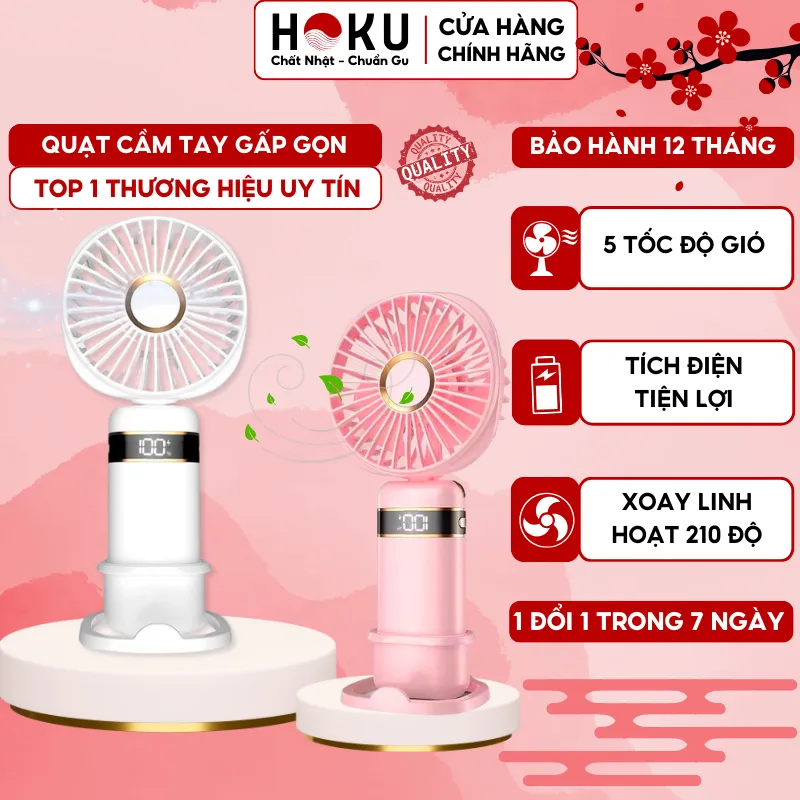 Ảnh Quạt mini cầm tay tích điện gấp gọn HOKU 5 tốc độ gió xoay linh hoạt 90 độ có dây đeo pin lớn 10.000mAh QMN11 1