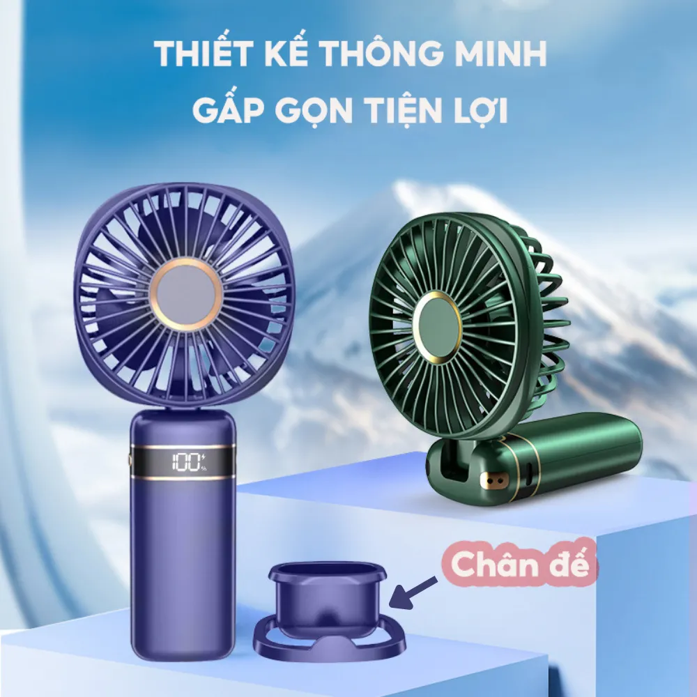 Ảnh Quạt mini cầm tay tích điện gấp gọn HOKU 5 tốc độ gió xoay linh hoạt 90 độ có dây đeo pin lớn 10.000mAh QMN11 3