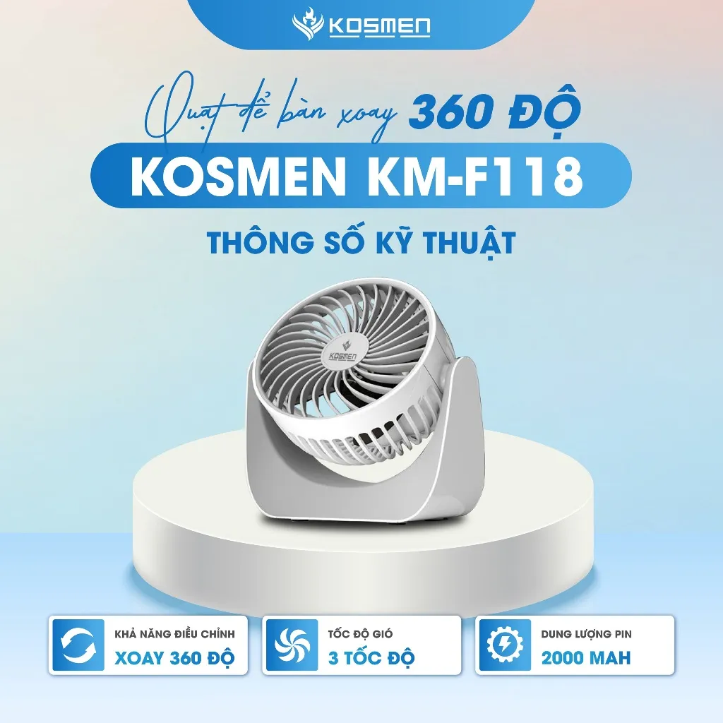Ảnh Quạt Mini Để Bàn Kosmen F118 Có Lưới Bảo Vệ , Dung Lượng Pin Khủng, Xoay 360 Độ - Hàng Chính Hãng 4