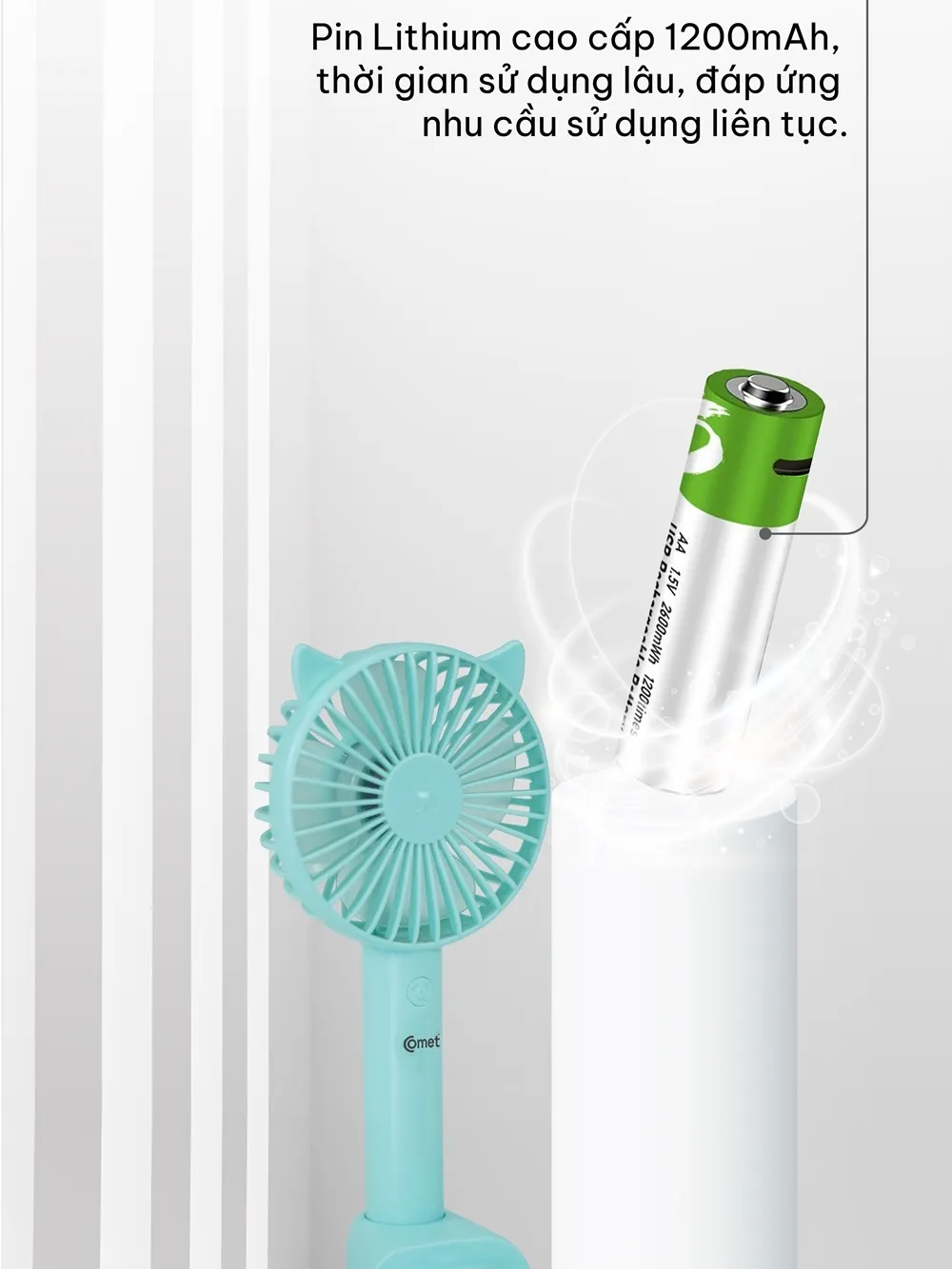 Ảnh Quạt Sạc Cầm Tay COMET CRF1104 Công Suất 3W, Pin 1200mAh, Có Đế Rời, Kích Thước Nhỏ Gọn 2