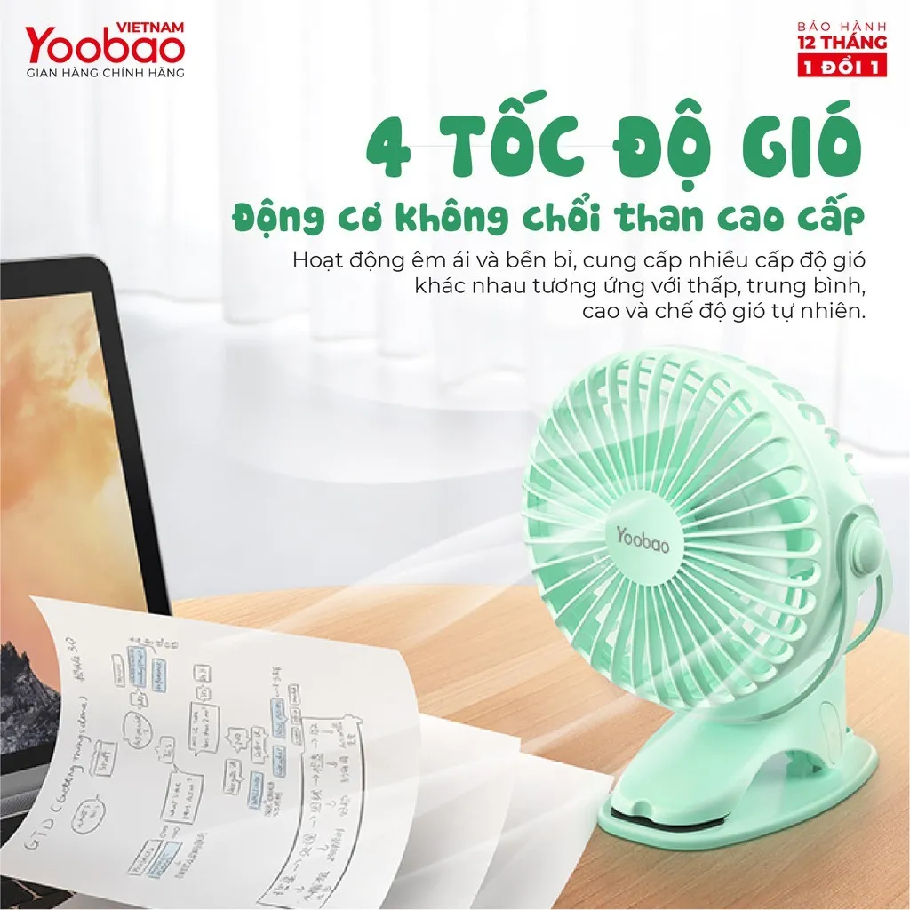 Ảnh Quạt sạc mini để bàn/ kẹp nôi YOOBAO F04 2500mAh Xoay 720 độ Chạy 16 giờ liên tục | Bảo hành 12 tháng 4