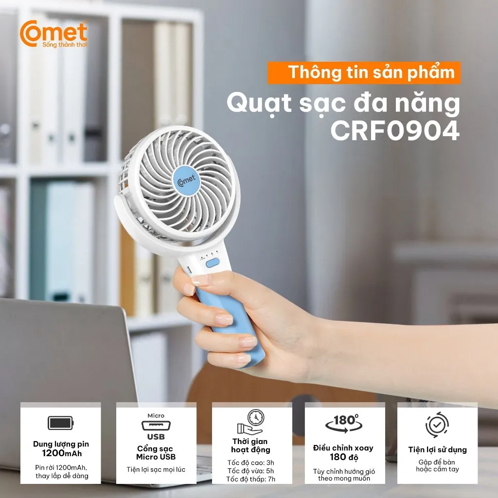Ảnh Quạt Sạc Mini Gấp Gọn Cầm Tay Comet CRF0904 3W Nhỏ Gọn Sạc USB Tiện Lợi, Dung Lượng Pin 1.200mAh 3