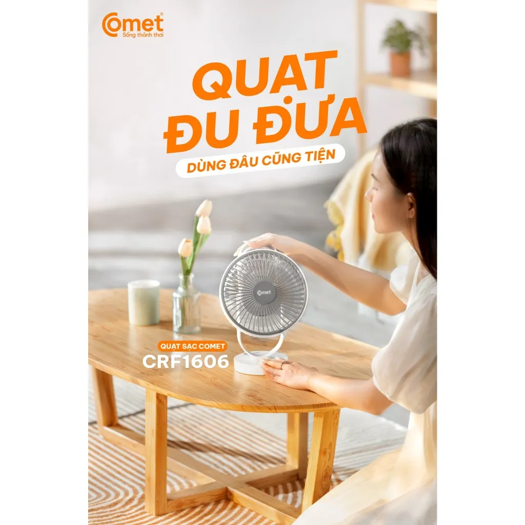 Ảnh Quạt Sạc Tích Điện COMET CRF1606 treo tường, để bàn siêu tiện lợi 2