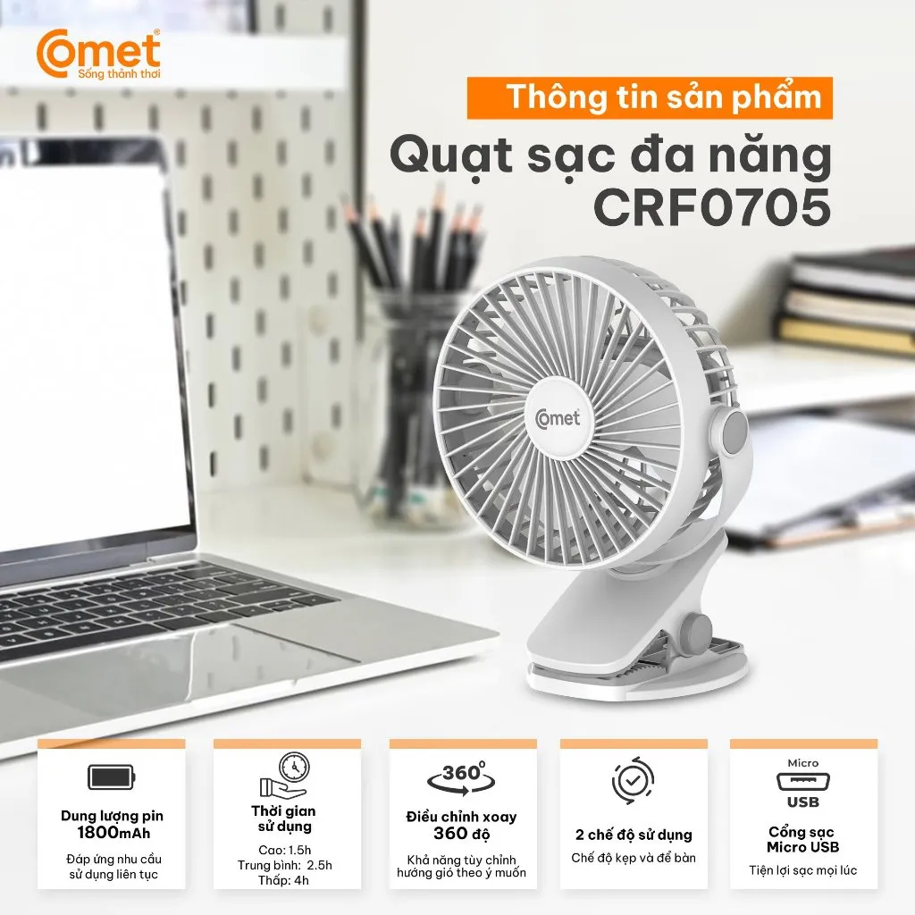 Ảnh Quạt Sạc Tích Điện Mini Kẹp Bàn Comet CRF0705 5W Đế Kẹp Xe Đẩy Hoặc Để Bàn Xoay 360 Độ 2
