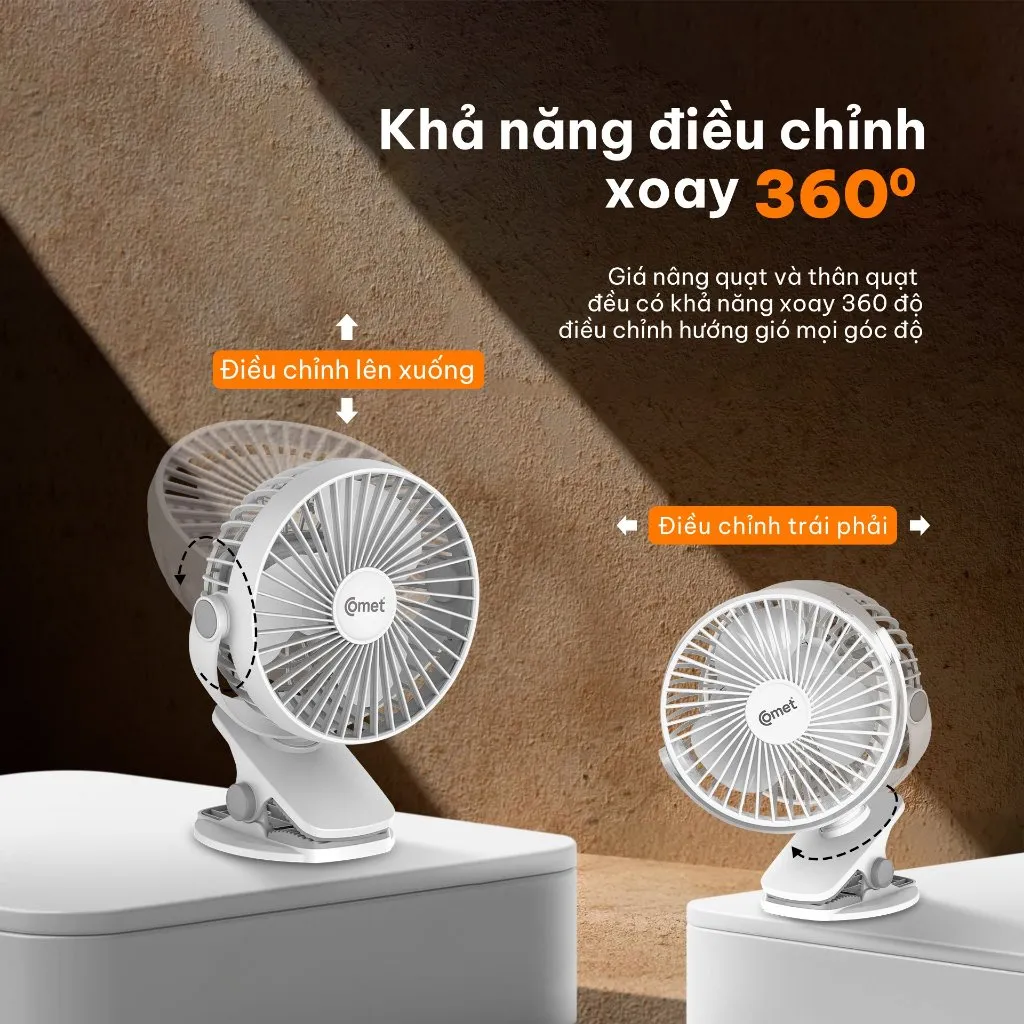 Ảnh Quạt Sạc Tích Điện Mini Kẹp Bàn Comet CRF0705 5W Đế Kẹp Xe Đẩy Hoặc Để Bàn Xoay 360 Độ 3