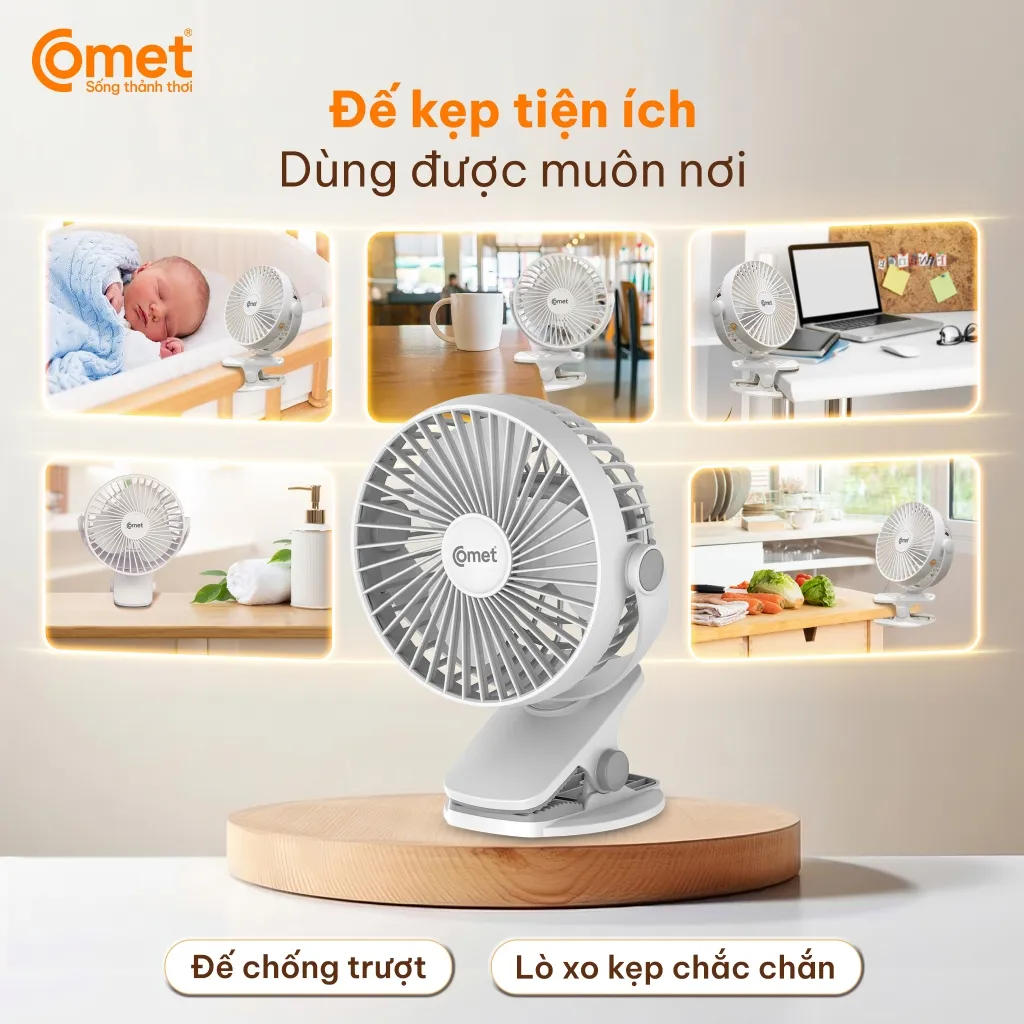 Ảnh Quạt Sạc Tích Điện Mini Kẹp Bàn Comet CRF0705 5W Đế Kẹp Xe Đẩy Hoặc Để Bàn Xoay 360 Độ 4
