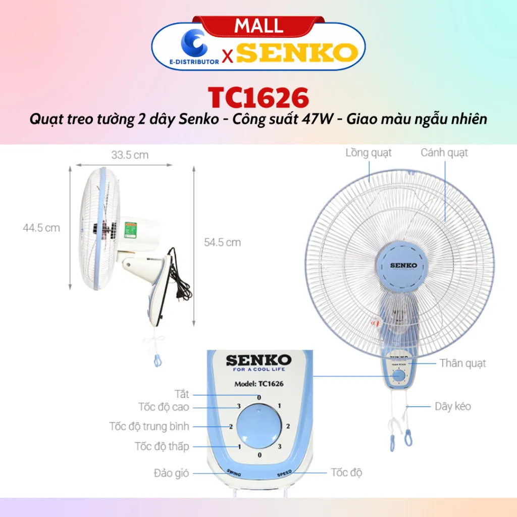 Ảnh Quạt Treo Tường 2 Dây Senko TC16/TC1620/TC1622/TC1626/TC1880/TC1886 - Màu ngẫu nhiên - Chính Hãng 2