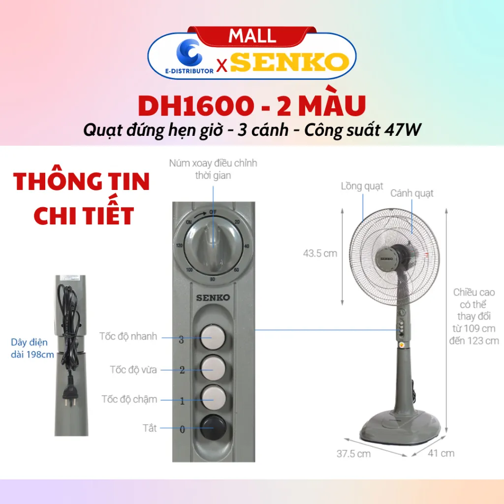 Ảnh Quạt đứng hẹn giờ SENKO DH1600 - Màu ngẫu nhiên - Hàng chính hãng 3