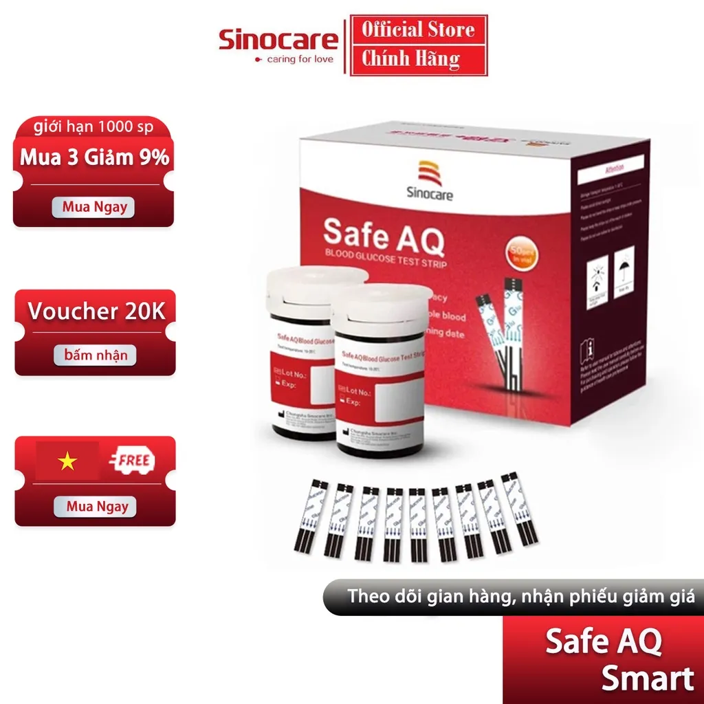 Ảnh Que Thử Đường Huyết Safe AQ Smart Chính Hãng Sinocare Hộp 50 Que Tặng Kèm 50 Kim 1