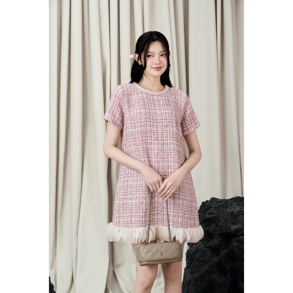 Ảnh RẬP - Đầm Trắng Cổ Tròn Kết Dây Tay Ngắn Phối Voan - PION 04 3