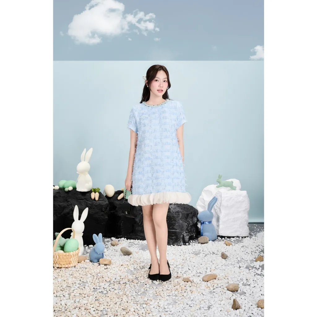 Ảnh RẬP MOMMY & BABY - Đầm Xanh Cổ Tròn Kết Dây Tweed Tay Ngắn - PARIS 04 2