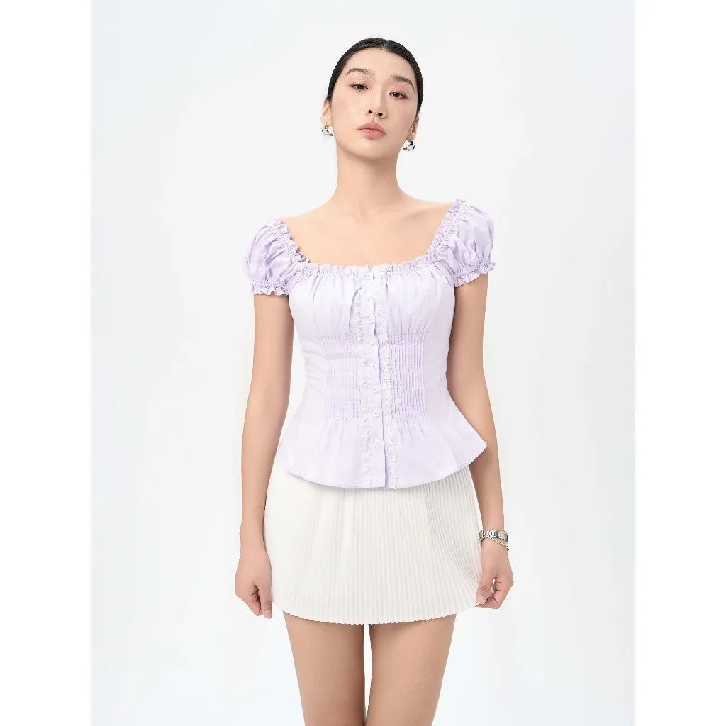 Ảnh RECHIC Áo kiểu Lilita xếp ly eo phối ren bèo điệu đà nữ tính 3