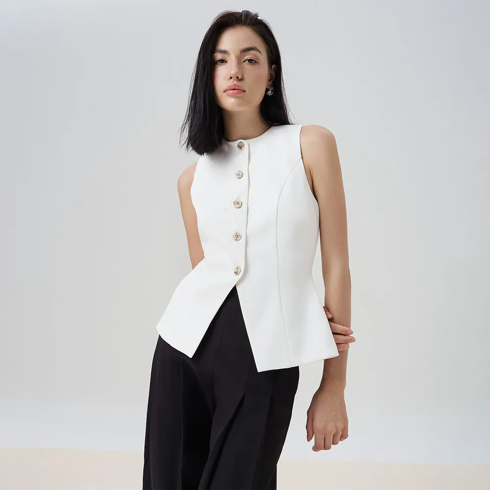 Ảnh RECHIC Áo kiểu Sally sát nách trơn chiết eo xẻ tà áo cổ tròn thanh lịch 1