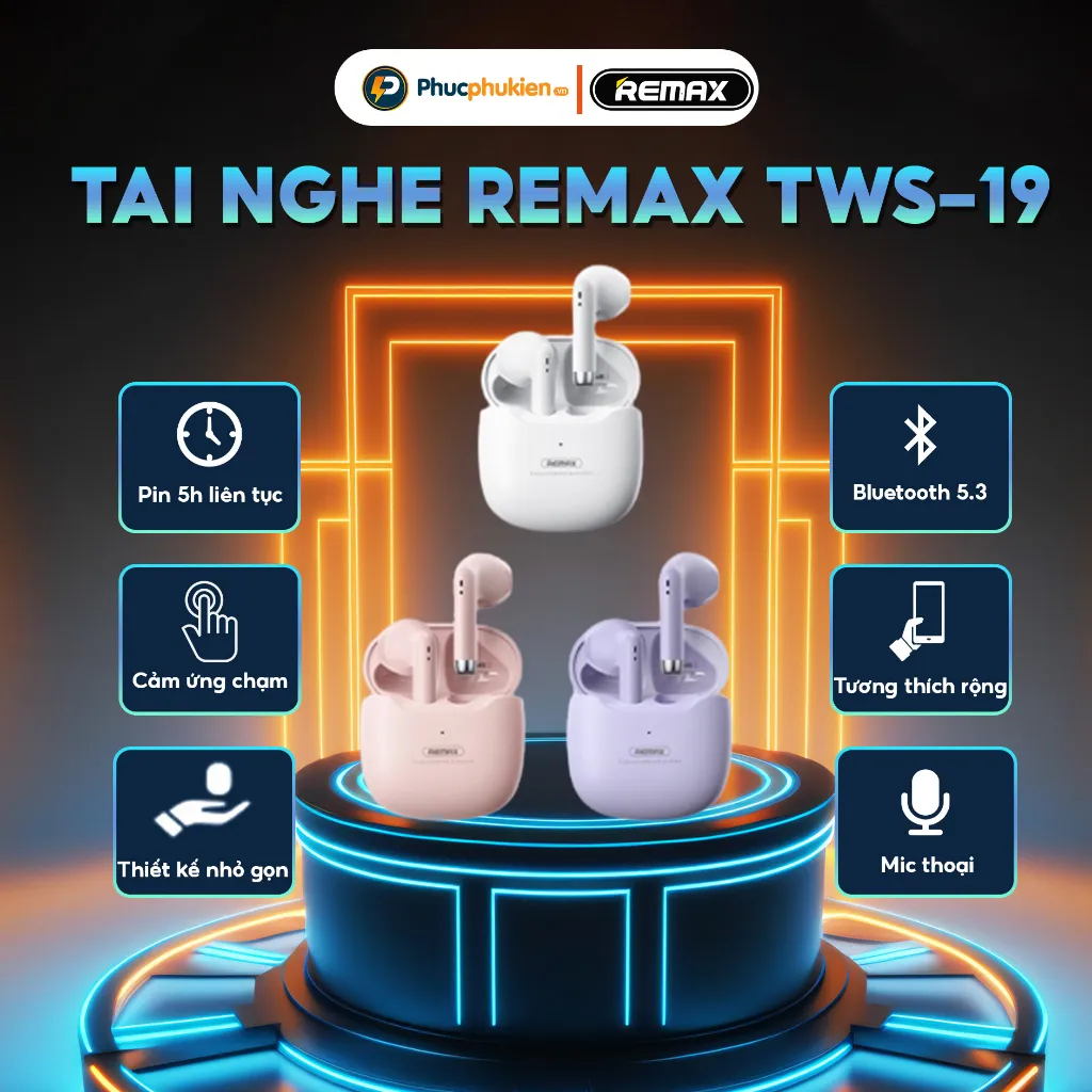 Ảnh Remax tws 19 - Tai nghe bluetooth Remax có mic thoại cảm ứng Pin 5h ( Tặng ốp ) - Phúc Phụ Kiện 1