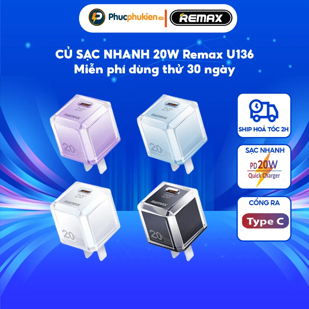 Ảnh Remax U136 - Củ sạc nhanh 20w cổng Type C sạc nhanh 20w cho 14 pro max trở xuống - Phúc Phụ Kiện 2