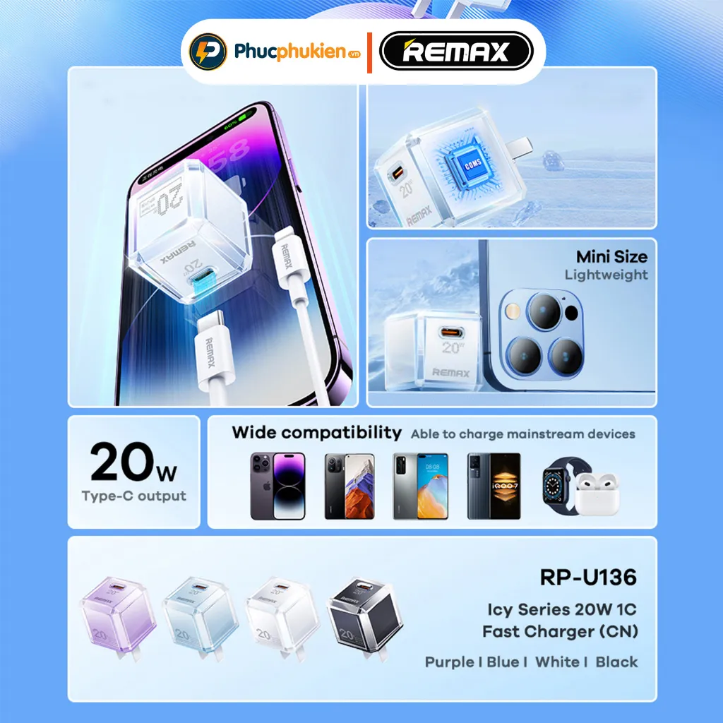 Ảnh Remax U136 - Củ sạc nhanh 20w cổng Type C sạc nhanh 20w cho 14 pro max trở xuống - Phúc Phụ Kiện 3