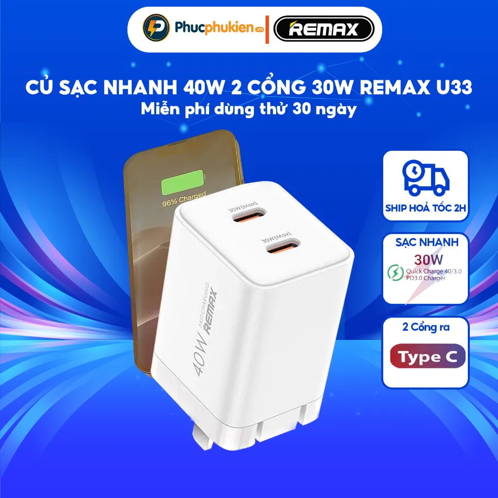 Ảnh Remax U33 - Củ sạc nhanh chính hãng hỗ trợ sạc nhanh 20w 2 thiết bị cùng lúc - Phúc Phụ kiện bảo hành 12 tháng 1 đổi 1 2