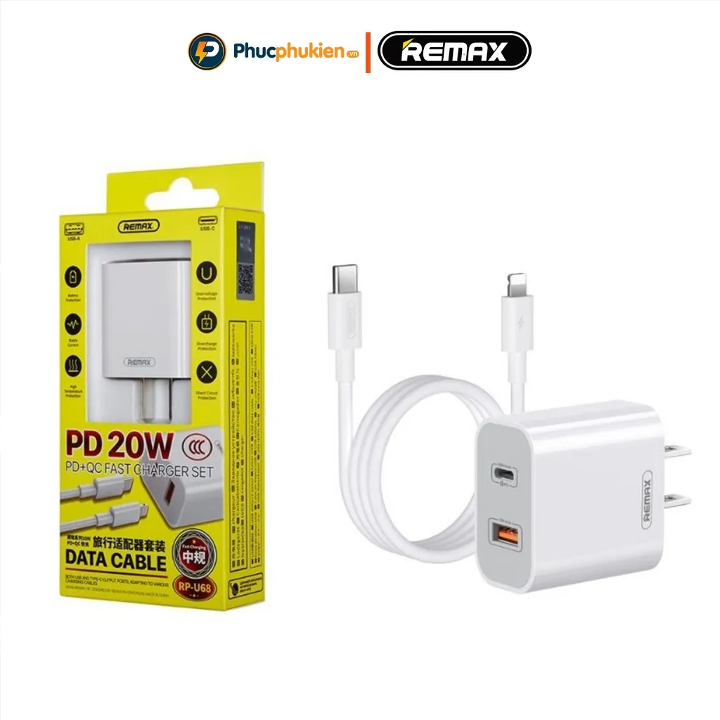 Ảnh Remax U68 - Bộ sạc 2 cổng 20w sạc nhanh PD 20w và QC3.0 18w sạc 30 phút đầy 50% pin - Phúc Phụ Kiện 1