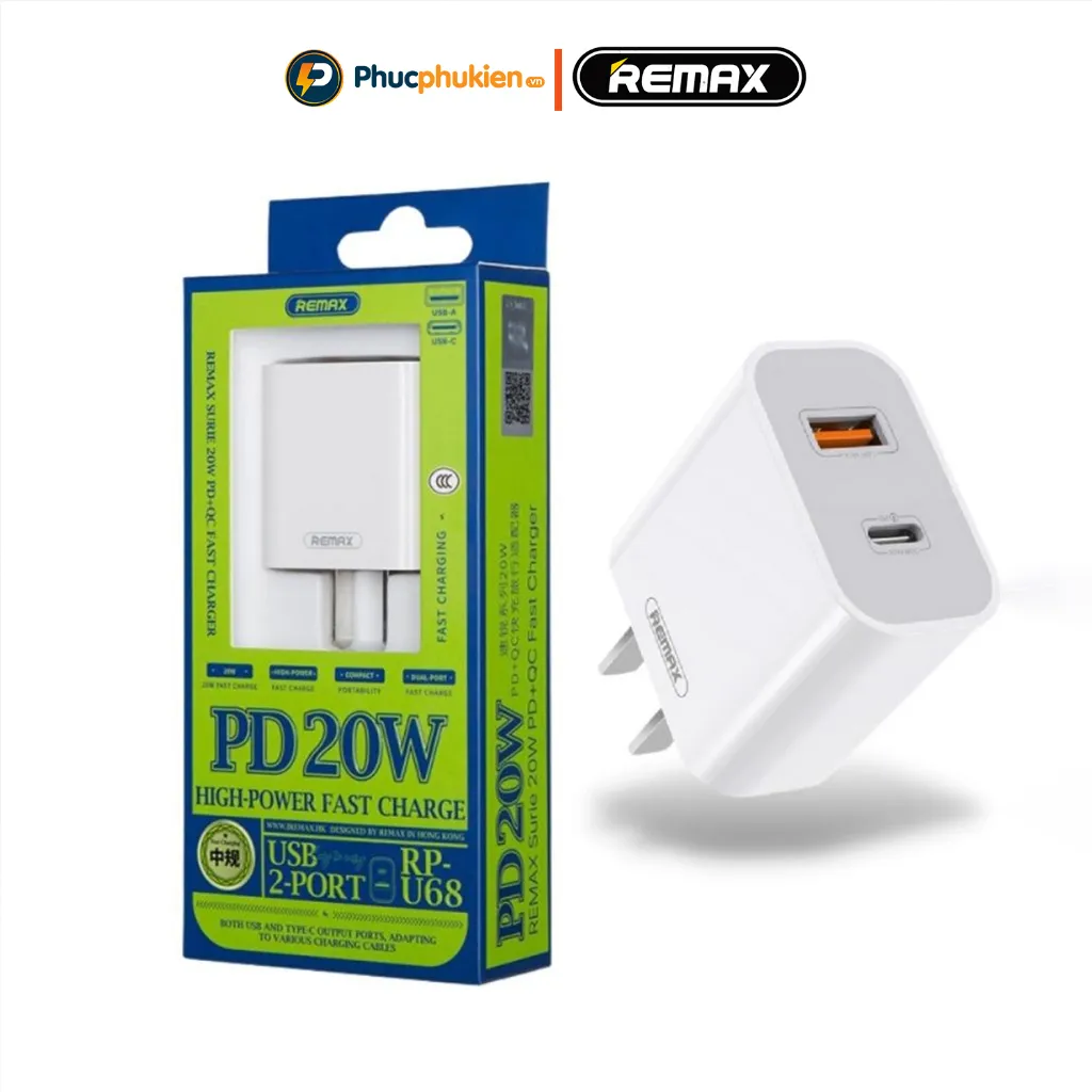Ảnh Remax U68 - Bộ sạc 2 cổng 20w sạc nhanh PD 20w và QC3.0 18w sạc 30 phút đầy 50% pin - Phúc Phụ Kiện 4