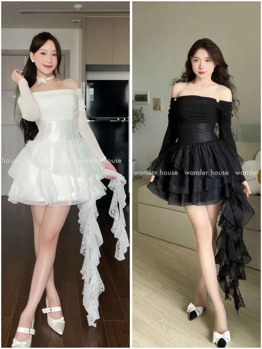 Ảnh Richie Dress Wonderhouse Đầm trễ vai tay dài dáng xòe tua rua chất vải dày dặn dự tiệc, dạo phố sang trọng 1