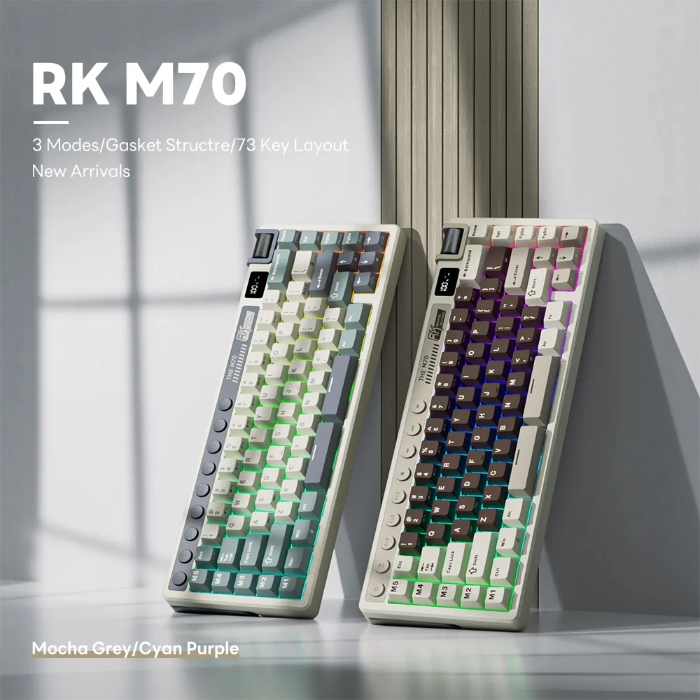 Ảnh Royal Kludge RK M70 Cyan Tím 73 Chìa Khóa Tri-Mode Không Dây Với Màn Hình TFT Đệm Bàn Phím Cơ 2