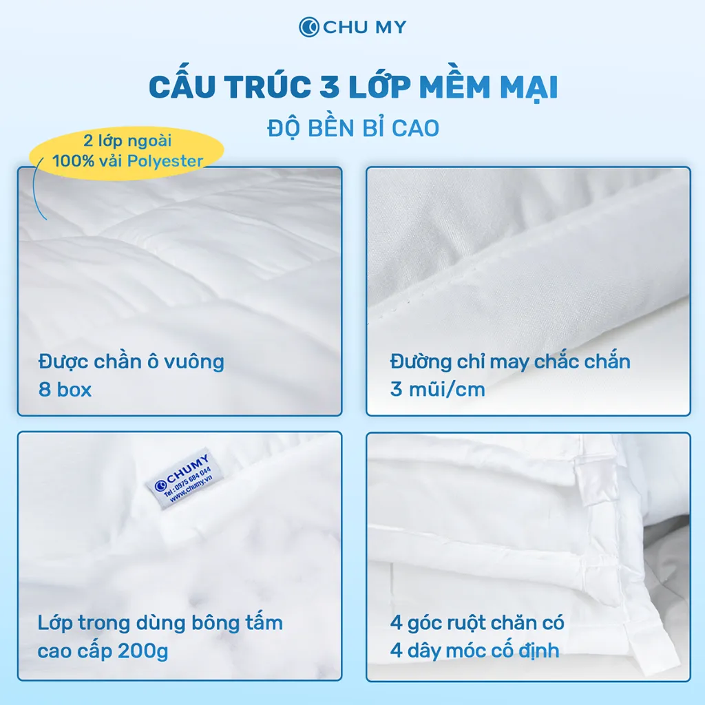 Ảnh Ruột chăn bông tấm CHUMY chần 3 lớp, kích thước 2mx2m2, 4 góc có dây móc cố định chắc chắn 2