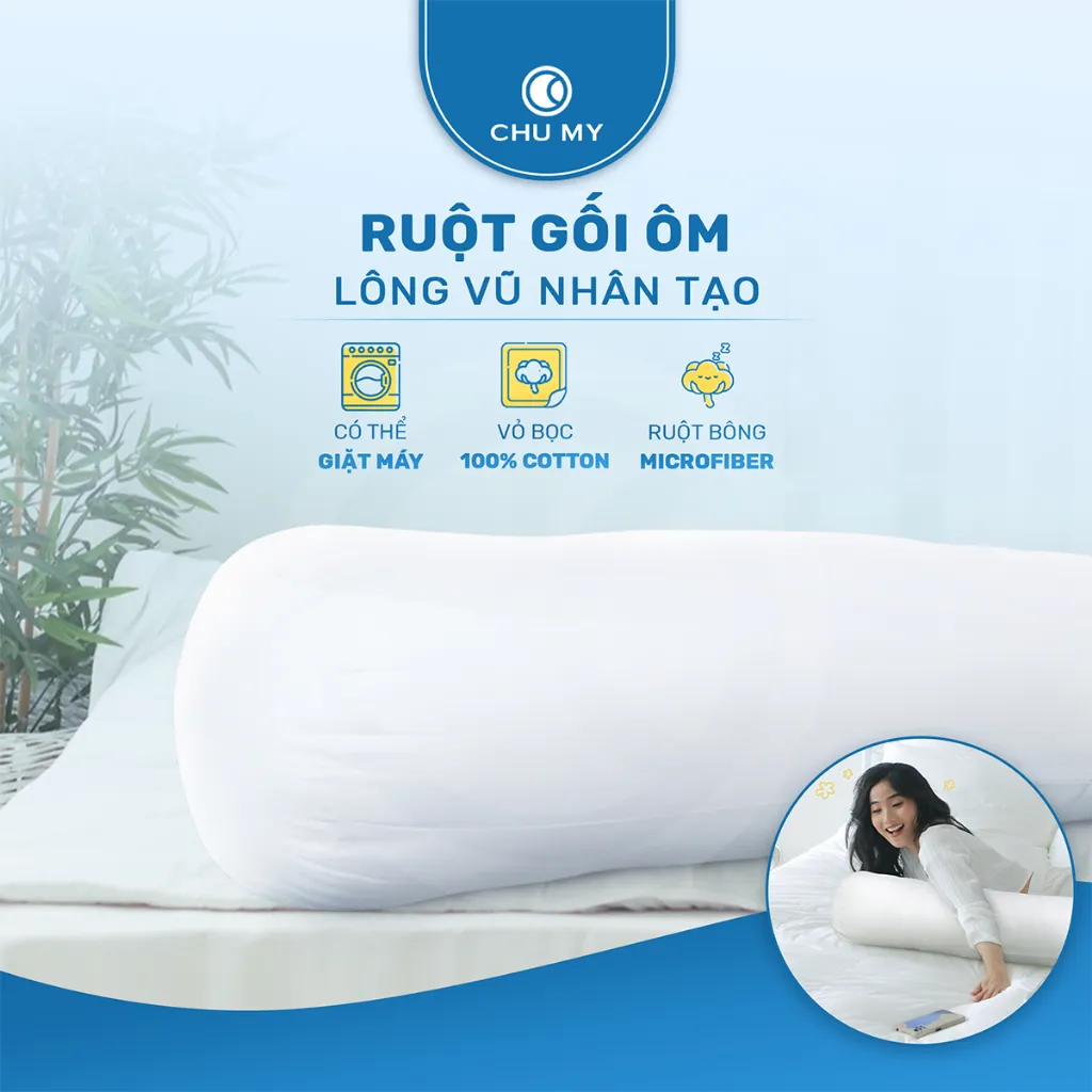 Ảnh Ruột gối ôm CHU MY, bông Microfiber, vỏ 100% cotton T400, khách sạn 5 sao, D35x100cm 1